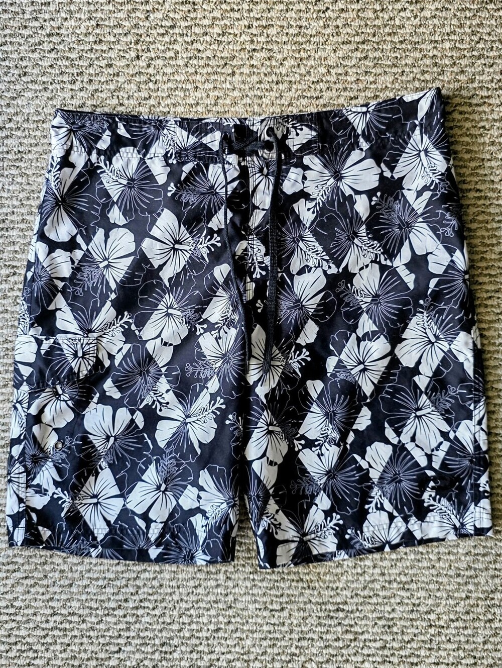 OP Black and White Hibiscus Swim Board Shorts